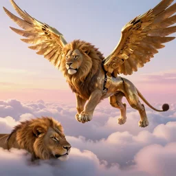 the ancient world, hyper complexity, highly detailed, cinematic lighting, pastel colored sunrise, flying robotic lions with gold metal huge wings on its back in the cloudy sky, sharp outlines, complete whole lion body, another sleeping lion face in the clouds watching each other, hyperrealistic, trending on pixiv fanbox, love death robot,
