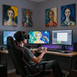 a man reclines in a gaming computer chair weargin a vr headset and headphones holding a game controller, in a domestic interior filled with screens by james jean and luc tuymans and beeple and hernan bas and pat steir and hilma af klint, psychological, 3 d, dripping paint, high quality render, masterpiece