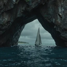 photorealistic mixed - media of a 1 9 2 5 seiner sailing with the jamaican shoreline with the mouth of a sea cave at the waterline, dark, brooding, atmospheric, seascape, lovecraft, horror, smooth, epic, highly detailed, cinematic, by andreas achenbach
