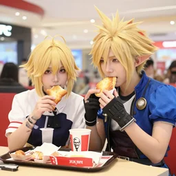 photo still of real life lucina ( fire emblem ) and cloud strife eating kfc in a mall, 8 k, 8 5 mm f 1. 8
