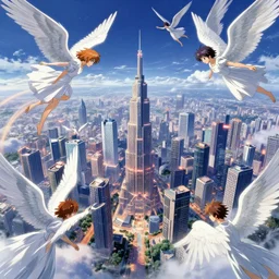 city in a heavenly realm populated by angels, ray - traced global illumination, digital painting, illustration by studio trigger, hideaki anno