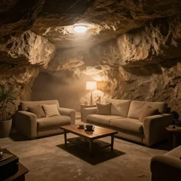 an underground living room, rock walls, comfy sofa, hazy lighting
