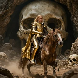 epic fantasy movie of a woman in golden armour riding to her skull cave, cinematic
