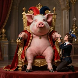 a hyper realistic royal pig sits in his throne as a jester begs for his life moments before his demise, highly detailed, by zdzisław beksinski and norman rockwell and greg rutkowskiweta studio, and lucasfilm