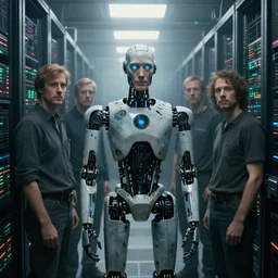 extremely detailed cinematic movie still 3 0 7 7 foggy portrait shot of a robot in an endless data centre by denis villeneuve, wayne barlowe, simon birch, marc simonetti, philippe druillet, beeple, bright volumetric sunlight from small windows, rich moody colors