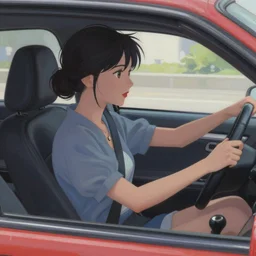 a ultradetailed beautiful painting of a stylish woman driving a car, by conrad roset, greg rutkowski and makoto shinkai trending on artstation