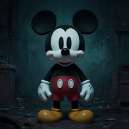 photo of an anthropomorphic creepy scary mickey mouse in the backrooms
