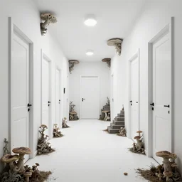 a bright white hallway with many doors and stairs full of fungus and mushrooms and rot, Mc Escher architecture, decay, artstation