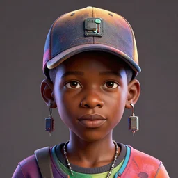 colourful caricature - 3 d vfx art - portrait of a nigerian boy wearing a baseball cap with wires and computer chips dangling from inside, art style by james jean, hsiao - ron cheng & joseph christian leyendecker, character concept art, unreal engine render, digital illustration, sharp, intricate detail, volumetric light, ray tracing, soft light, symmetric, pinterest, artstation, behance,