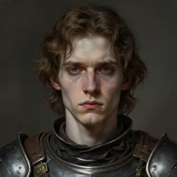 portrait painting of a pale serious young man with a soft face and medium brown wavy hair wearing armor, ultra realistic, concept art, intricate details, eerie, highly detailed, pursed lips, melancholy expression, photorealistic, snub nose, prominent chin, octane render, 8 k, unreal engine. art by artgerm and greg rutkowski and charlie bowater and magali villeneuve and alphonse mucha