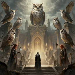 concept art, massive court of owls and 7 sins in relic space, realistic shaded lighting poster by ilya kuvshinov, magali villeneuve, artgerm, jeremy lipkin and michael garmash and rob rey