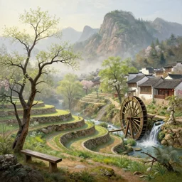 a gorgeous landscape painting by barlowe wayne maxfield parrish and marco mazzoni. early spring morning. bench terrace. dead trees has just sprouted!! tyndall effec, light effect. chinese village. china waterwheel. the winding steps, waterfall from the mountain. ultra clear detailed. highly detailed, 3 d, octane render.