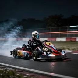 go - kart racer taking a corner at speed on a race track, motion blur, laser, smoke, debris, fast movement, artistic angle, light streaks, dark mood, night time, octane render, ultra realistic
