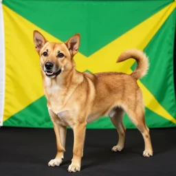 a light brown dog stands in front of a green an yellow flag | pop art | stylized | HD
