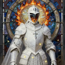 breathtaking detailed soft painting of white knight in armor, gauze dress of fireflies and art nouveau sallet of embers, rembrandt style, detailed art nouveau stained glass, christian saint flame rosace, elegant, highly detailed, artstation, concept art, matte, sharp focus, art by Anato Finnstark, Artgerm and Greg Rutkowski
