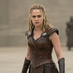 film still of daisy ridley in gladiator, angry face, depth of field, mid full shot