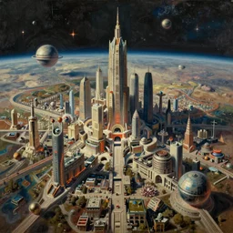 a vast planetary sci-fi city by Ansel Adams and Bernardo Bellotto and Yoshitaka Amano, oil on canvas, artstation, dramatic scenery, masterpiece, aesthetic