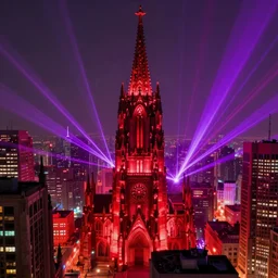 colorful and detailed gothic laser city, red and purple lighting