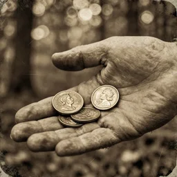 old retro burnt out sepia photograph with scratches of an old and wrinkled hand holding a few golden coins with royal engravings. magical forest in the background with bokeh. Antique. High quality 8k. Intricate. Sony a7r iv 35mm. Award winning.
