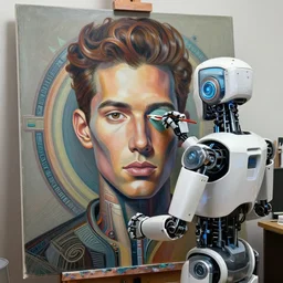 robot artist painting a self - portrait on a canvas. intricate, highly detailed, digital matte painting in the style of alberto vargas and in the style of chris foss. irony, recursion, inspiration.