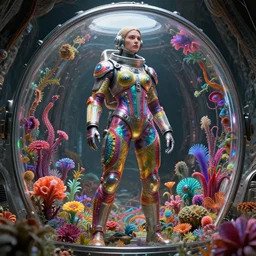 octane render by wayne barlow and carlo crivelli and glenn fabry, a woman in a skintight colorful shiny spacesuit with colorful iridescent metal banding, covered in bright colorful alien flora and fauna inside a massive cavernous metal dome, cinema 4 d, ray traced lighting, ultra - detailed, volumetric lighting
