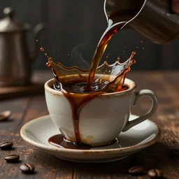 : sloppy old cup of coffee with fluid flyingout the cup ,hyper detailed art station  parabolic lighting  unrealengine ,cinematic, hyper realism, high detail, octane render, 8k