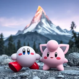kirby and jigglypuff in front of the matterhorn. photo, sharp focus, 8 k.