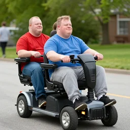 three young extremely overweight man with down syndrome on an electric scooter