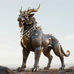 a beautiful octane render of a huge ferocious kylin mythical animals occupy the ground, surrealistic, epic, 8 k hd, light effect, unreal engine, trending on cgsociety, trending on artstation, ultra wide angle,, 3 d render, ray tracing, mechanics, hyper detailed, golden ratio, realistic physical rendering, close shot
