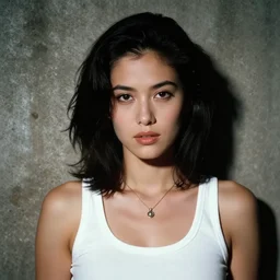 A woman in white, necklace,  face, dirty Concrete wall, dust, trash ; basement , night; 90's professional color photograph, close up, view from front.