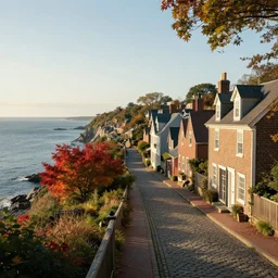 portsmouth new hampshire colonial city on an ocean cliff, ocean cliff view, maple trees along street, chimneys on buildings, cobblestone street, light cinematic, volumetric, realistic, cinematic lighting, ray tracing, unreal engine 5, octane render, hyper realistic, photo, 8 k