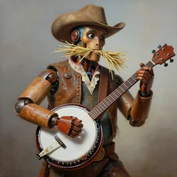 painting of a country bumpkin robot playing a banjo, straw in his mouth, style of boris vallejo, high detail, hyper realistic, 8 k