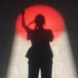 red light from above shines through and defines the shape of her shadow on the floor below, and she sees the shape of her shadow on the floor below