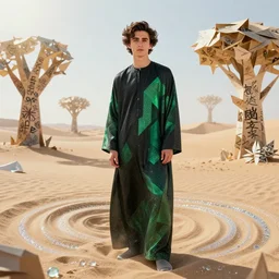 sparkling swirls of sand and glass in a desert : : athletic jock handsome : : timothee chalamet : : young man wearing a black tissue paper and green geometric thobe by marc jacobs : : paper graffiti : : trees made out of origami : : ethereal, fantasy, lawrence alma - tadema, james jean, oozium, peter morbacher, angelarium, alchemy, luxury, heavenly light, soft illumination, trending on artstation, cinematic lighting, very detailed, 3 d, octane render, artgerm