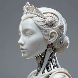 complex 3 d render hyper detailed ultrasharp biomechanical female cyborg portrait with a beautiful porcelain profile face, mandelbrot fractal, elegant crown with huge white hydrangea flowers foliage leaves stems roots, red lips, alexander mcqueen haute couture, art nouveau fashion, octane render, 8 k