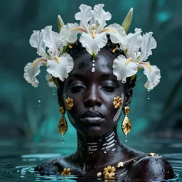 hyperrealistic neo - surreal cinematic very beautiful! black oshun goddess with white! iris, in water, yoruba body paint, mirror dripping droplet!, gold flowers, highly detailed face, digital art masterpiece, smooth robert steven connett eric zener dramatic teal light, ground angle uhd 8 k, sharp focus