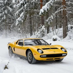 a 2 0 0 6 lamborghini miura concept, racing through a rally stage in a snowy forest