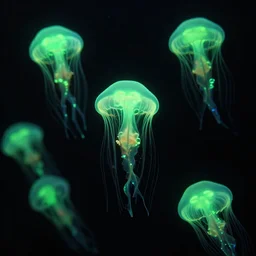 underwater picture of a school of jellyfish, black background, colorful bioluminescence green glow, abyssal, 3 d octane render, very detailed, national geographic, studio lightning, 8 k, high definition