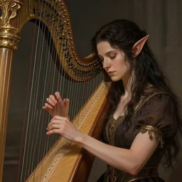 photography of a dark long haired elve playing harp, deep focus, d & d, fantasy, intricate, elegant, highly detailed, digital painting, artstation, concept art, matte, sharp focus, illustration, hearthstone, art by artgerm and greg rutkowski and alphonse mucha