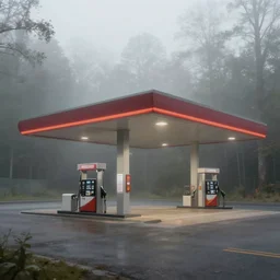gas station in the forest in foggy weather trending on artstation