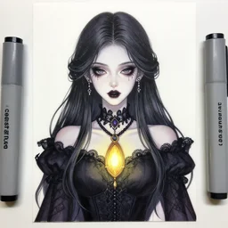 copic marker art of elegant gothic girl with glowing pendant, digitally coloured, by caestrad, collin estrada, deep blacks, high contrast, artstation, instagram, highly detailed, confident, textured, sharp, soft skin