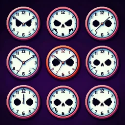 scary skull clocks, animated in 8 bit 9 0's