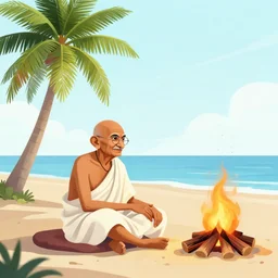 gandhi sitting on a beach next to a campfire with palm trees in the back, holding a cigar, sunset, surrounded by different animals, parrots, turtle, lizard, crab, coconuts,, glorious lighting, epic environment, highly detailed, digital art, hyper realistic, beautiful, 8 k, trending on deviantart