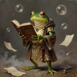 anthropomorphic bipedal frog that is dressed as a medieval librarian, and holding a giant book, as a matte oil painting, d & d character reveal, by alex grey, standing, fullbody, ornate, gems, floating bubbles, loose papers, fog, mystic, concept art, award - winning, extremely detailed, sharp focus