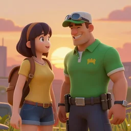the scout from Team Fortress 2 laughing at an anime girl while the sun sets in the background, 4k detailed digital art