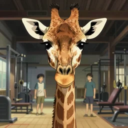 a strong giraffe at the gym, illustration concept art anime key visual trending pixiv fanbox by wlop and greg rutkowski and makoto shinkai and studio ghibli and kyoto animation symmetrical facial features