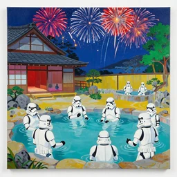 stormtroopers bathe in hot springs next to a traditional japanese house and garden, fireworks in the sky, by andy warhol, by roy liechtestein, canvas, acrylic paint, saturated, ultra - hd