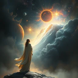 in flowing robes she watches as the universe is born, full body, supersaturated nebulas, misty, ultra dramatic lighting, bright radial arcs of light, radiant stars, intricate, hyper detailed, masterpiece, beautiful painting by ruan jia, artgerm, peter mohrbacher, greg rutkowski