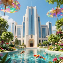 art deco 1 9 2 0 metropolis optimistic colorful sunny parasols hologram koi lush parks trees flowers water clear focus [ minimalist monolith skyscrapers ] [ art deco motifs ] cinematic lighting fantasy by ross tran greg rutkowski intricate elegant retro futuristic highly detailed artstation