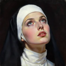 hyperrealism oil painting, complete darkness background, close - up face portrait from up, caucasian nun fashion model looking up, in style of classicism mixed with 8 0 s sci - fi japanese books art